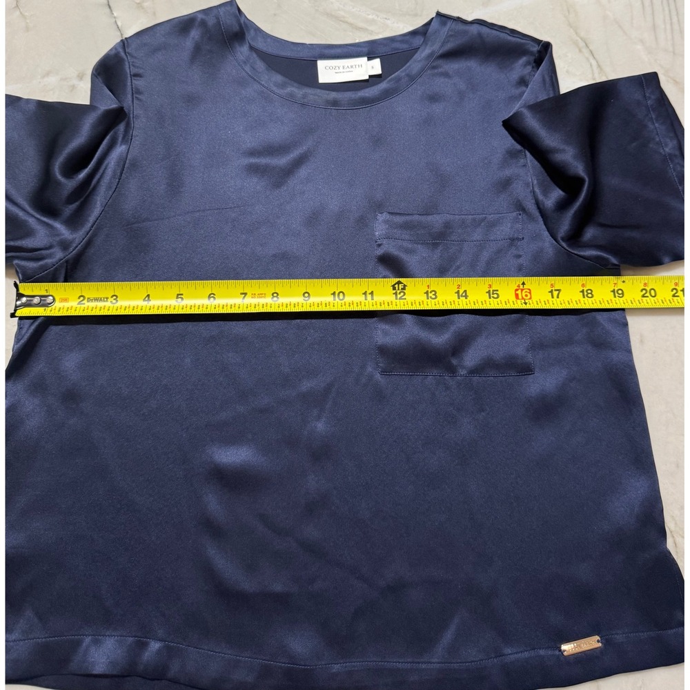 Cozy Earth Womens Navy Blue 100% Silk Satin Short‎ Sleeve Pocket Tee Top Small - Picture 10 of 10
